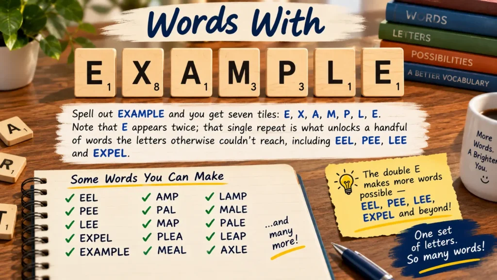 Spell out EXAMPLE and you get seven tiles: E, X, A, M, P, L, E. Note that E appears twice; that single repeat is what unlocks a handful of words the letters otherwise couldn't reach, including EEL PEE, LEE and EXPEL.